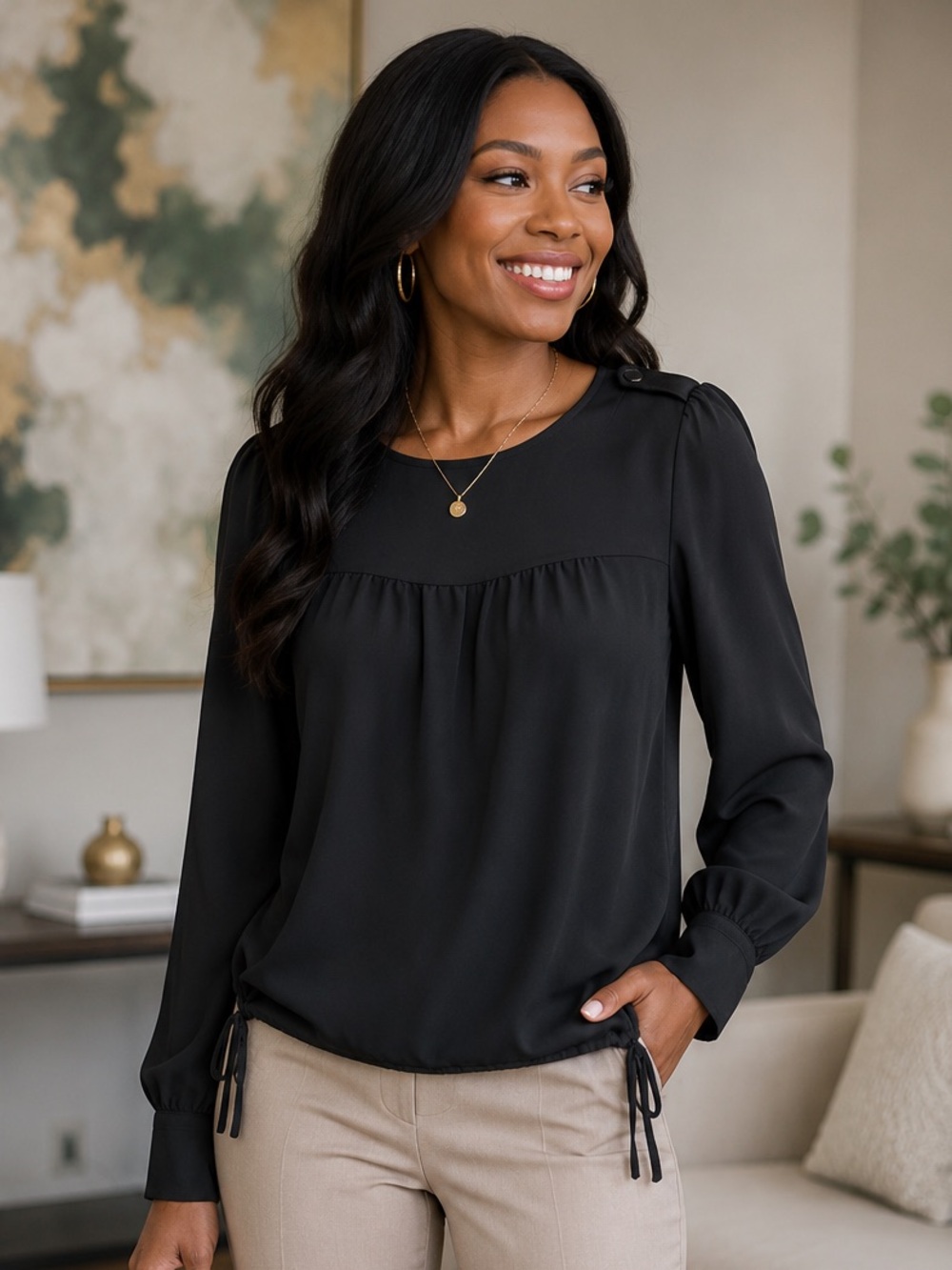 LOFT Black Long Sleeve Blouse with Shoulder Button Detail & Adjustable Side Ties